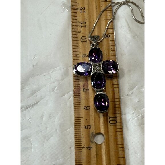 10 carat Amethyst Cross Pendant Marcasite sterling silver vintage rare - Picture 9 of 16